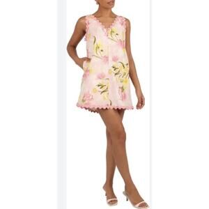 Petal & Pup Calliope Rickrack Trim Floral Linen Blend V Neck Mini Dress Size Med